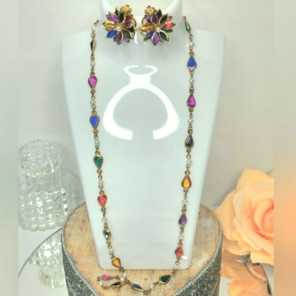 Vintage Gold Bezel set Gold crystal Demi Parure earrings necklace Set - Picture 2 of 15